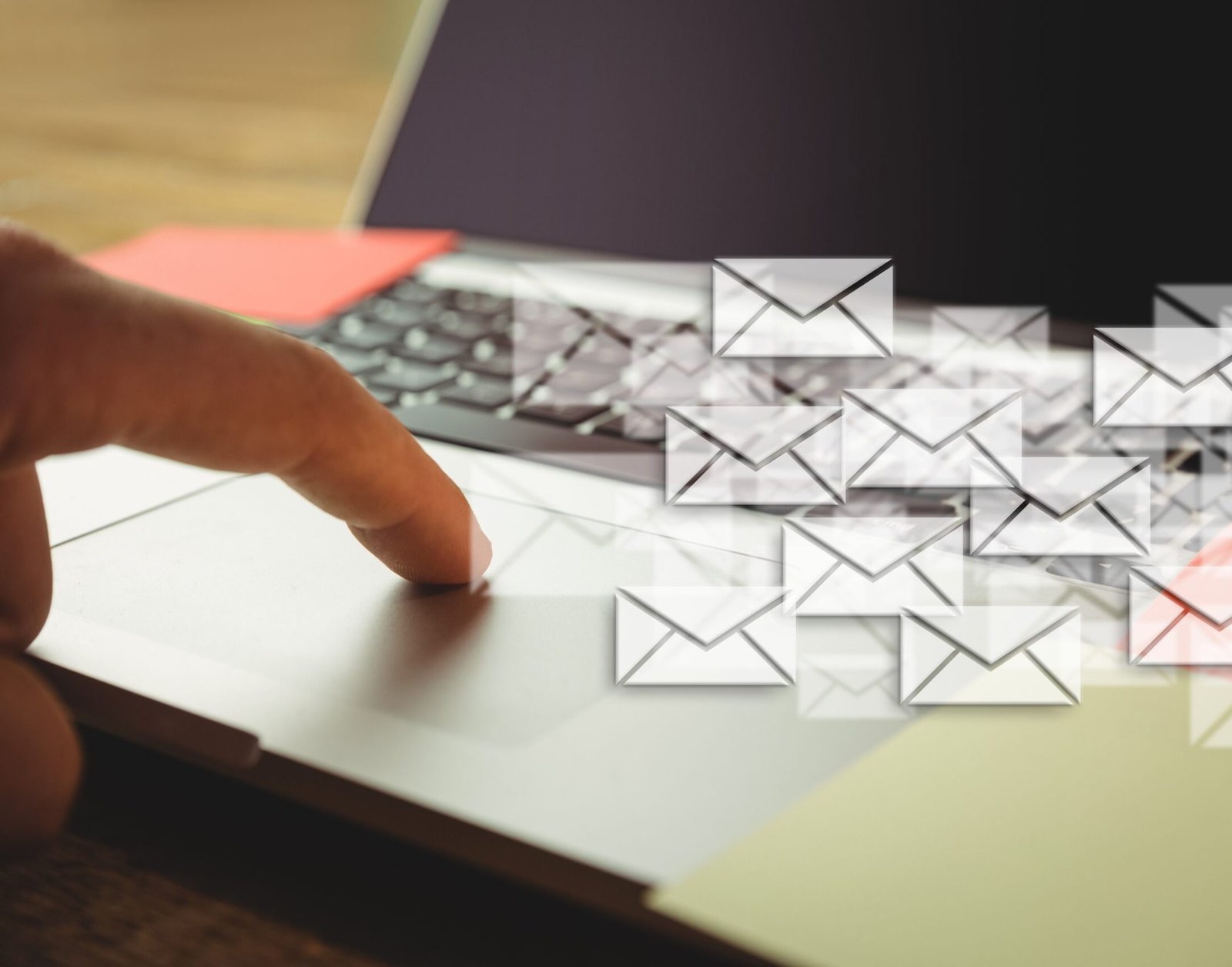 Composite image of hand using laptop put on a desk with letter icons